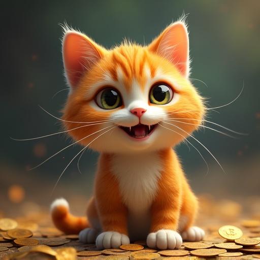 A cute cartoon cat sitting among piles of gold coins with a big smile. The cat is fluffy and has large expressive eyes. The background is softly blurred, enhancing the focus on the cat and the shiny coins.