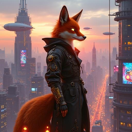 Cyber-futuristic fox-like creature with glowing amber eyes and auburn fur with golden streaks. The character has biomechanical enhancements including steampunk gears and a brass-plated tail. It stands on a floating platform above a neon-lit city at twilight. The city features layered brass and glass architecture, airships, and holographic billboards. The character wears a tattered leather trench coat with glowing circuit patterns, and holds a glowing energy crystal. Hyper-detailed digital painting style with cinematic lighting and rich textures.