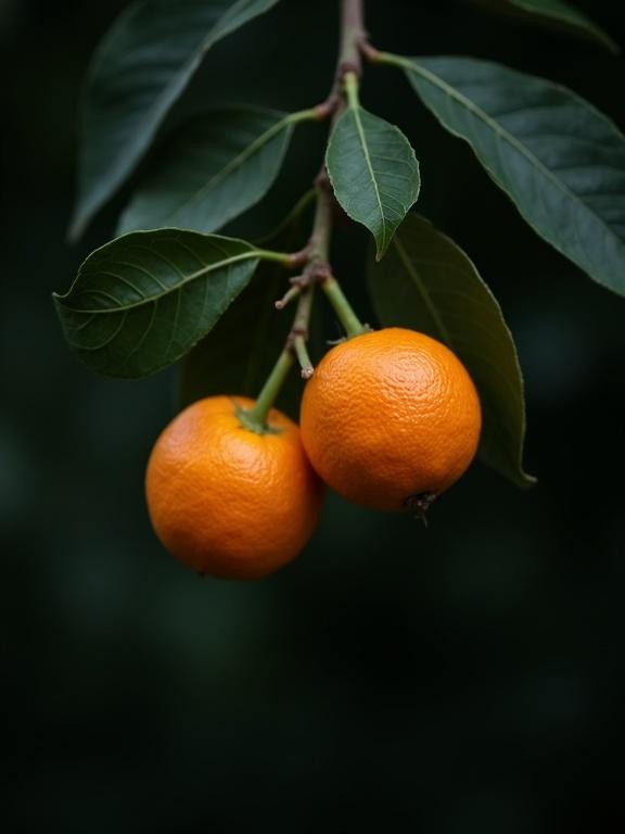 Photograph captures two ripe oranges hanging from a branch. Dark moody lighting enhances the scene. Deep green leaves surround the oranges. A blurred background adds depth. Natural light creates a soft focus. Close-up highlights texture of orange peels and leaves. Subtle shadows add dimension. Organic aesthetics present in the composition. Tranquil atmosphere evident in the setting.