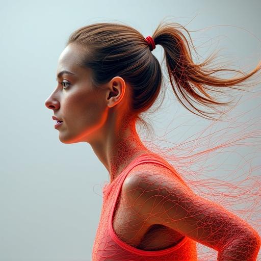 Portrait of a woman running with body made of colorful yarn in parallel strands. The yarn mirrors the curves of her anatomy. Face shows intensity and focus using varied yarn thickness for skin tones. Strands flow back as if blown by wind, creating kinetic movement. Entire figure depicted through yarn, evoking energy and grace.