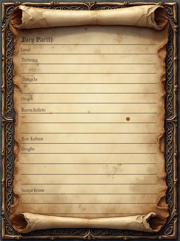 Image features a loot table template. Background styled as aged parchment paper. Borders are intricately designed in Celtic patterns. Title and labels use medieval-style fonts. Enough space provided for editable entries. Ideal for role-playing games.