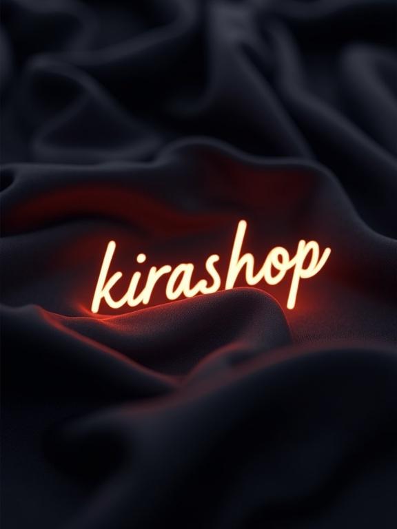 High-resolution image featuring the text 'kirashop.com.ua'. Text in cursive typeface with soft, glowing appearance. Background is rich darkness with luxurious silk folds. Low-key lighting creates soft shadows and highlights.