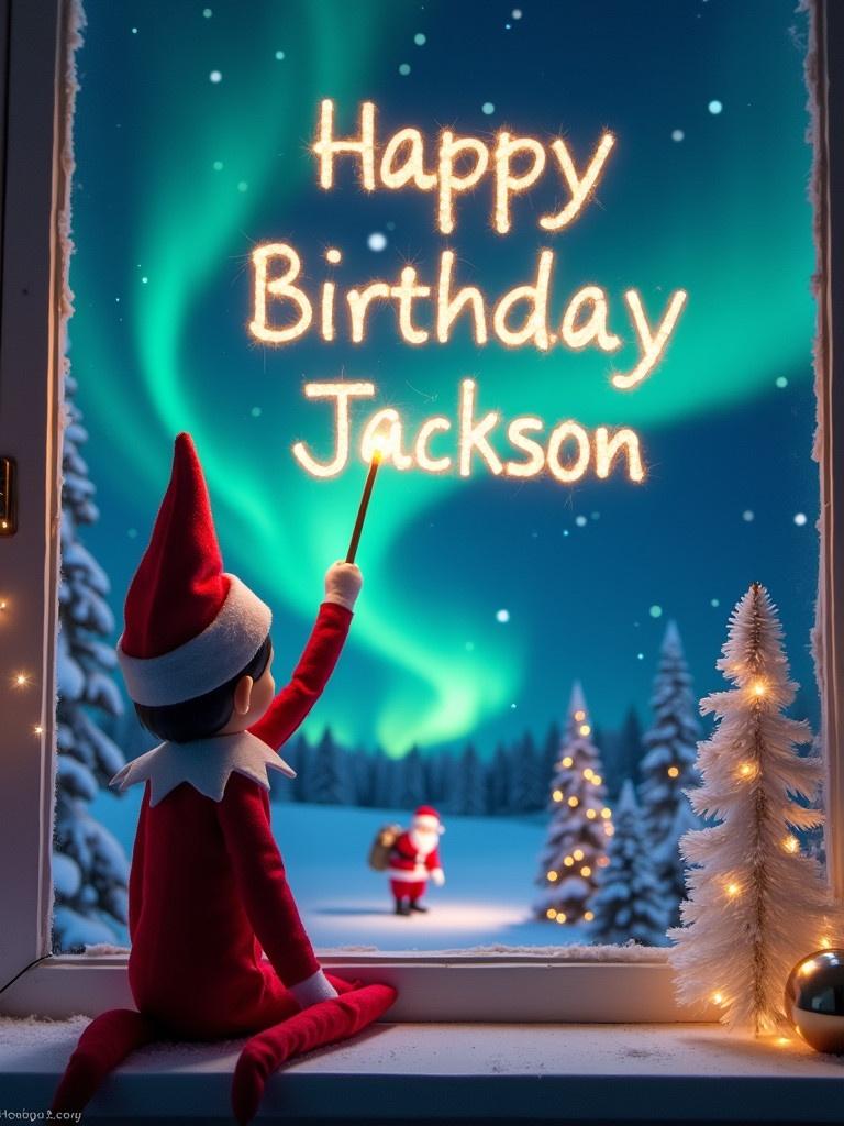 An elf on the shelf faces a vibrant night sky. The elf uses a wand to write 'Happy Birthday Jackson' in the air. The setting features a magical Christmas theme with northern lights and snow-covered trees. Santa Claus is in the background. The scene radiates a festive atmosphere filled with wonder.