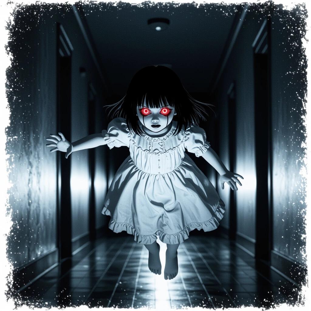 Young Japanese ghost girl with bright red eyes and stern expression. She is floating in a long dark hallway. Feet and body are off the ground. She is reaching out to choke the viewer. Wearing a frilly white dress. Image evokes horror.