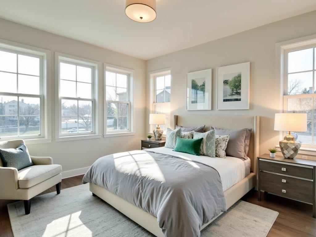 This image features a beautifully designed bedroom with a modern aesthetic. The bed is centered against a light-colored wall with decorative frames hanging above it. The bedding includes a neutral color palette with soft greys and a pop of green from the accent pillow. Flanking the bed are stylish lamps on matching nightstands, adding to the overall elegance of the room. A pair of large windows allows natural light to flood in, illuminating the space and providing a view of the outdoor area. Near the windows, there is a cozy armchair that complements the room's decor, creating a relaxing atmosphere.