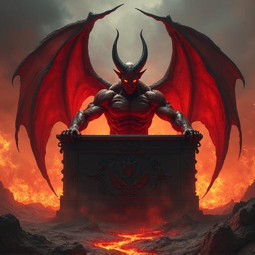 Highly detailed 4K image of a hyper-realistic demon at a demonic desk. Background depicts a hell landscape. The powerful devil has crimson red skin and muscular arms. Features black twisted horns and glowing eyes like molten lava. Wears ornate dark armor with engravings. Fiery wings rise behind. The ground is cracked showing lava and tortured souls in shadows. Dark sky filled with ash and embers. Demon holds a burning weapon. Hyper-realistic dark fantasy art with fire effects.