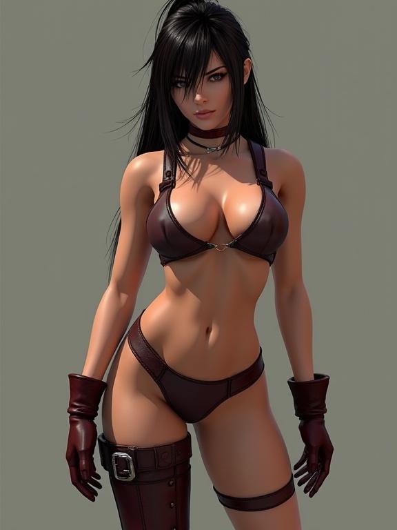 Illustration of a female character inspired by video game art. Character showcases a sculpted muscular physique. Long hair, wearing a fitted outfit accentuating body proportions. Focus on upper body and face with dynamic pose.