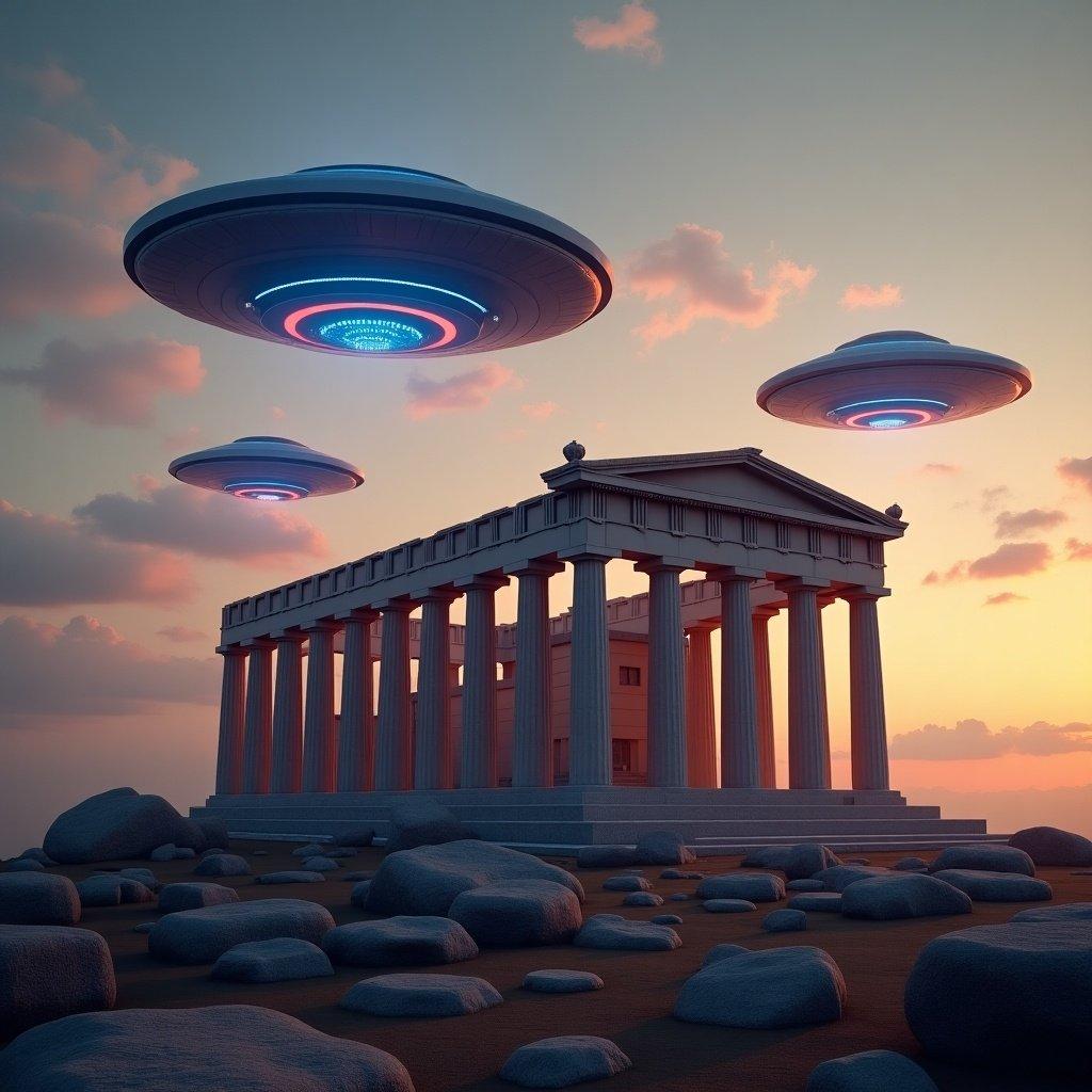 A realistic image of an ancient Greek temple features several UFO objects hovering in the evening sky. UFOs resemble drones with blue and red signal lights. The image captures vivid colors and a realistic atmosphere.