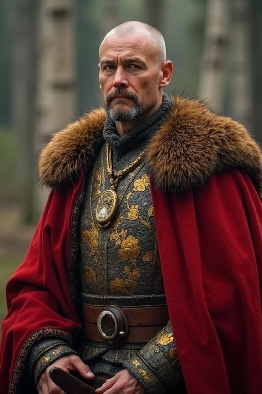 Image depicts a robust male figure dressed in ornate armor with intricate gold patterns. A luxurious red cape with a fur collar enhances the regal appearance. The setting is a serene forest with soft diffused lighting, emphasizing the character's powerful presence. The atmosphere evokes themes of ancient royalty and strength.