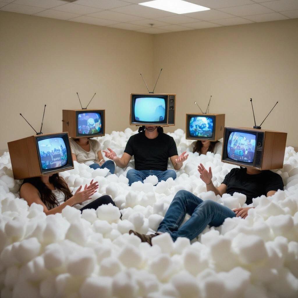 Group of people seated in foam pit. Each person has a television for a head. Ambient light creates a surreal atmosphere. Visual commentary on media influence.