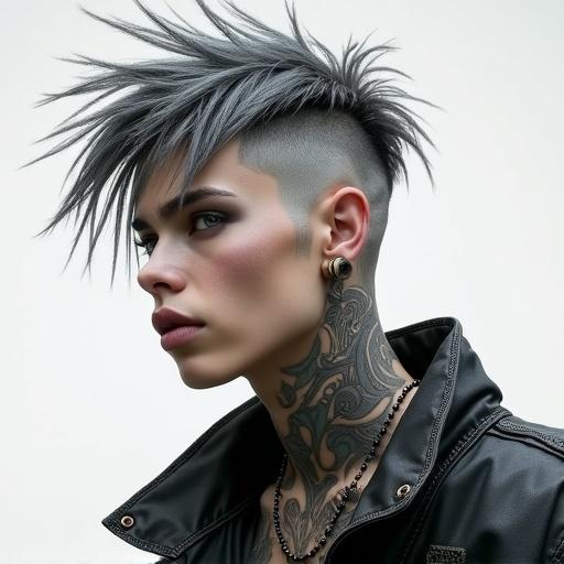 Portrait of a person with grey punk hairstyle showing facial tattoos wearing a leather jacket. Strong features and distinctive punk style. PNG format.