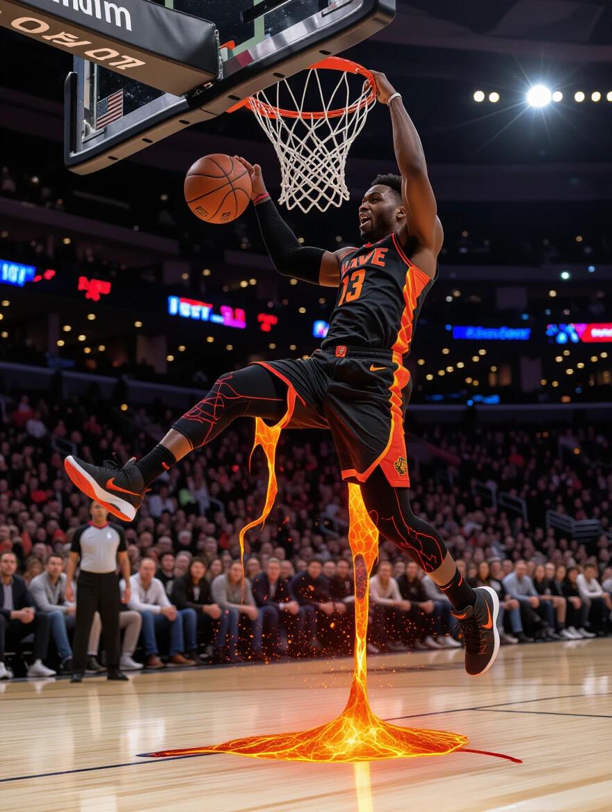An action shot captures a basketball player mid-slam dunk. The player wears innovative socks designed to mimic flowing molten lava. The socks have realistic lava textures featuring glowing orange and red magma flows. The lava appears to drip down from the calf to the sneakers with cooling black rock formations. The design includes LED fiber optics simulating glowing embers. The athlete showcases a powerful dunk in a well-lit gymnasium full of amazed spectators. The surrounding lighting illuminates the sock elements, creating a stunning visual effect. High-speed photography captures the moment of athletic power. The image evokes themes of volcanic energy enhancing performance.