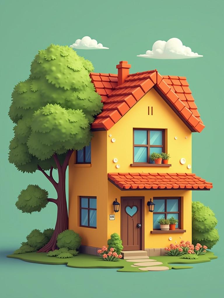 A charming yellow home stands under a green sky. A tree is beside it. There are flowers in front. Windows are blue. Roof is orange. Home has a heart-shaped front door.