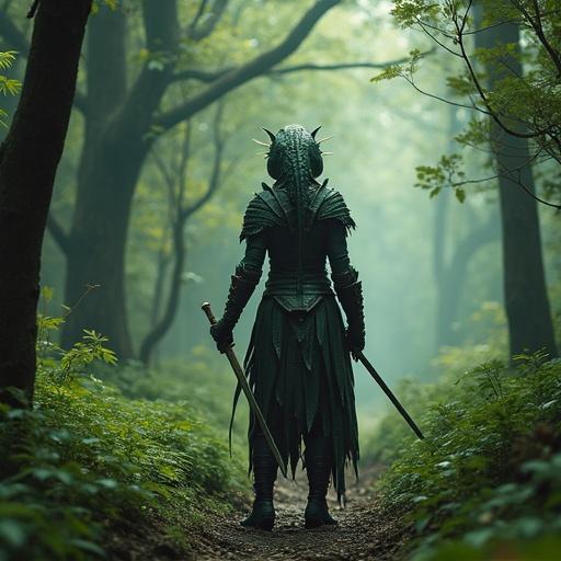 In a magical forest, a lizardman in leather armor stands alone. She holds a sword, gazing into the dense thicket. The forest is silent, filled with secrets.