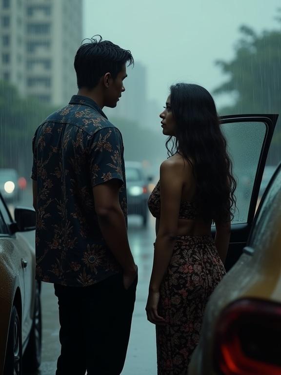 A lean Indonesian man in a dark batik shirt and black pants opens a car door for a woman in a floral outfit. Rain pours down over them in a city setting. The man looks at the woman as she steps inside.