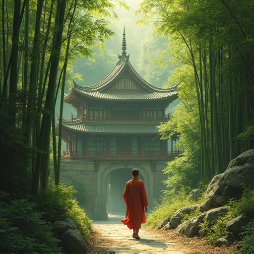 A monk walks towards a traditional Chinese pavilion in a bamboo forest