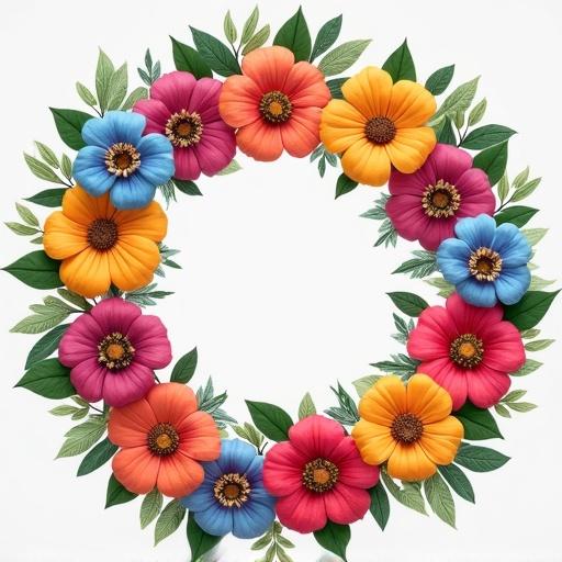 A vibrant floral wreath with a circular shape. Various flowers in colors such as bright yellow orange pink purple and blue. Surrounded by fresh green leaves. Ideal for decoration or invitations.