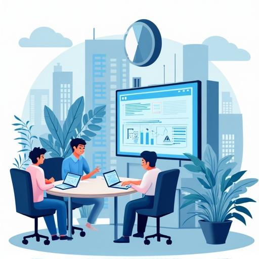 Group of four professionals in discussion around a conference table. Large screen displays data analytics and graphs. Urban office environment with plants and modern architecture in the background.