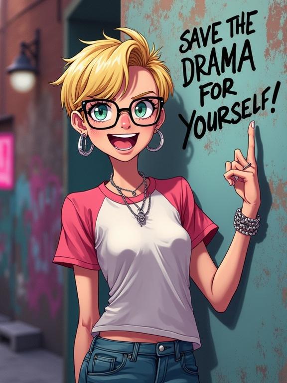 Dynamic anime-style illustration presents a rebellious woman with blonde pixie cut and rectangle glasses. She raises her middle finger and writes 'Save the drama for yourself!' on a wall. Urban backdrop includes vibrant graffiti. Soft light accentuates her features.