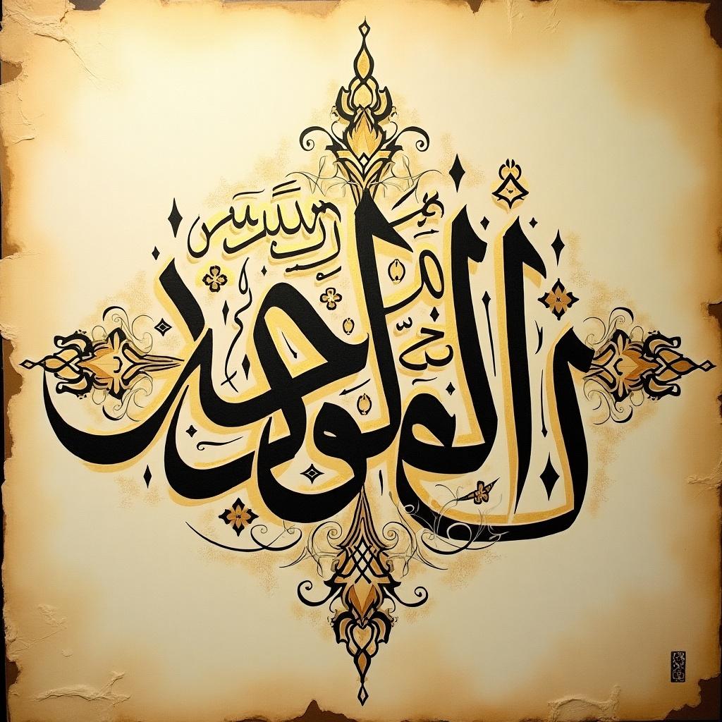 This image features intricate Arabic calligraphy beautifully designed on a textured background. The calligraphy is richly ornate, blending tradition and artistry. The warm color palette includes shades of gold and black, enhancing its elegance. It captures the essence of Islamic art and showcases the beauty of Arabic script. This piece could serve as a stunning focal point in any setting, emphasizing cultural significance and artistic craftsmanship.