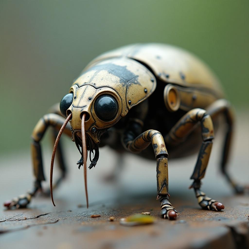 The image portrays a mechanical insect closely resembling an Earwig, equipped with detailed metallic features. Its body has a shiny, gold-like finish, intricate joints, and visible sensors. Set against a blurred, neutral background, the focus remains on the insect. The composition combines elements from nature with high-tech designs. The overall aesthetic is futuristic and slightly unsettling, appealing to fans of steampunk and cybernetic art.