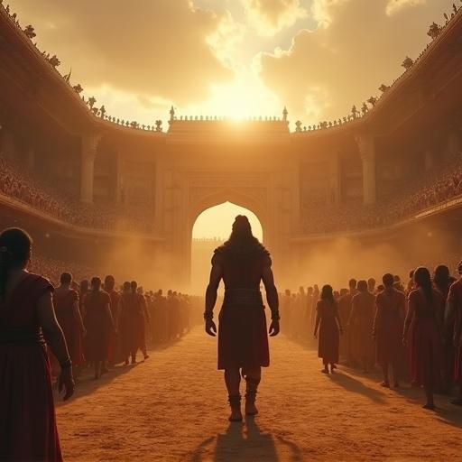 Majestic royal arena of Hastinapura filled with spectators. Thunderous sound splits the sky. People freeze in awe. Dust rises from the ground. Surprise and suspense evident on faces. Young warrior strides in from the entrance. His presence overwhelming like dark monsoon clouds. Skin glows like the sun. Armor shines like fire. Muscles ripple with power. Each step confident. Face radiates valor. Kauravas and Pandavas stunned. Questioning why he is here and now.