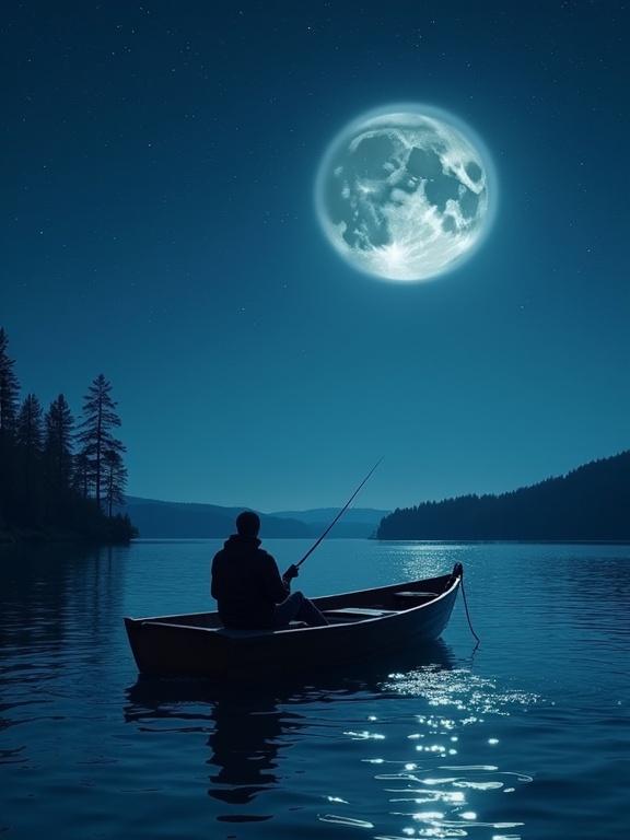 Night fishing on a lake from a wooden boat. The moon shines brightly. Many stars visible. Clear water shimmers with a bluish glow.