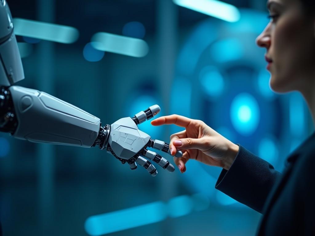 A close-up image of a human hand reaching out to touch a robot's hand, symbolizing human-robot interaction and technology integration, with futuristic lighting and a high-tech setting.