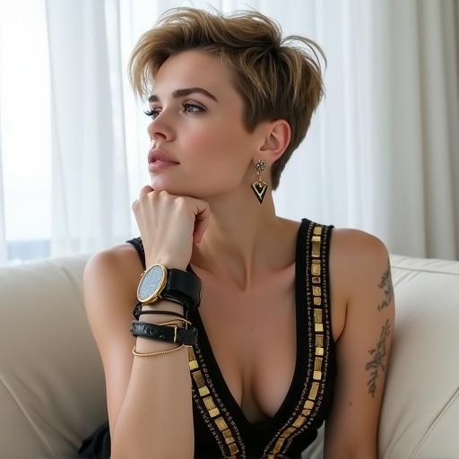 Woman with short pixie cut relaxes on a couch. She has fair skin with freckles. Wears a black sleeveless top with gold geometric patterns. Accessories include bracelets and simple earrings. Soft, natural lighting enhances her features and outfit.