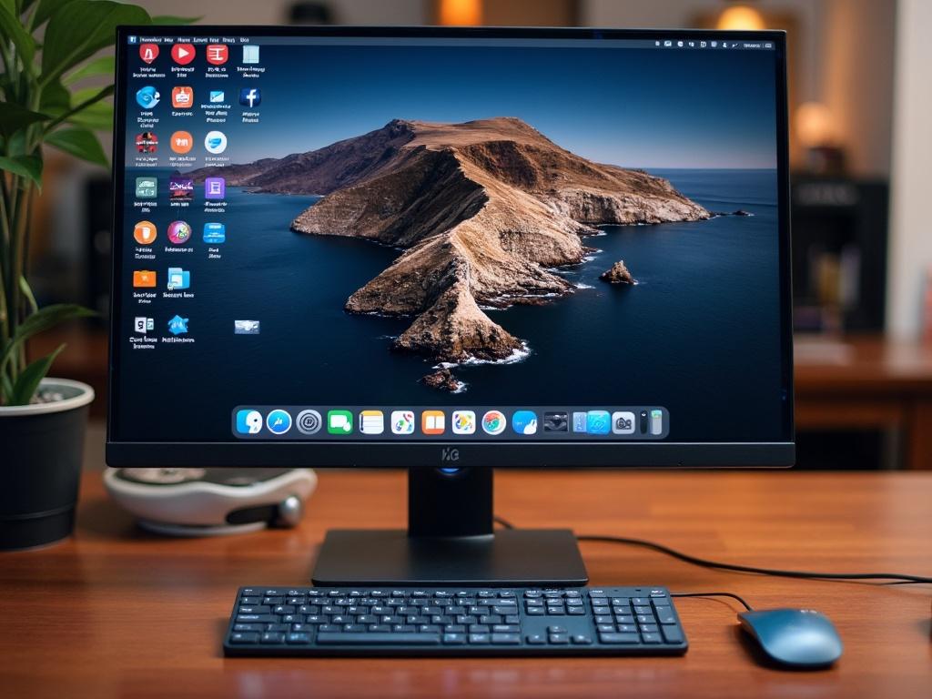 A sleek and modern office setup featuring an iMac on a wooden stand, accompanied by a keyboard and mouse.