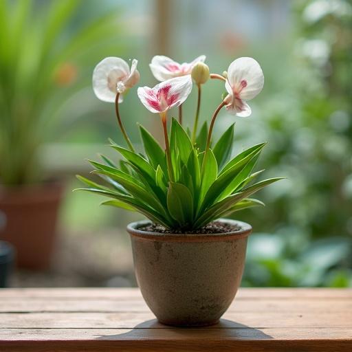 Plant pot featuring Ceropegia woodii with green leaves and delicate pink flowers. Natural sunlight illuminates the scene.