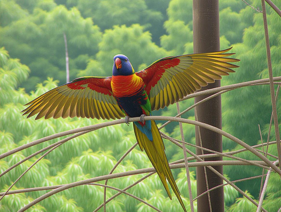 A colorful parrot sits on a thin branch with wings spread wide like a human hand. The parrot showcases a variety of vivid colors against a lush green background.