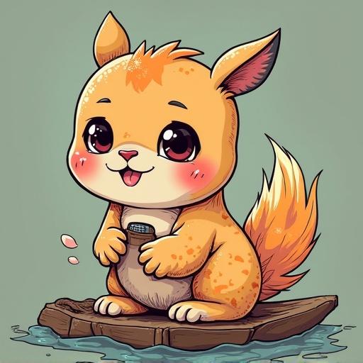 A cute cartoon character with large eyes and a fluffy tail sits happily on a wooden platform. The character has a joyful expression while holding a small item in its paws.