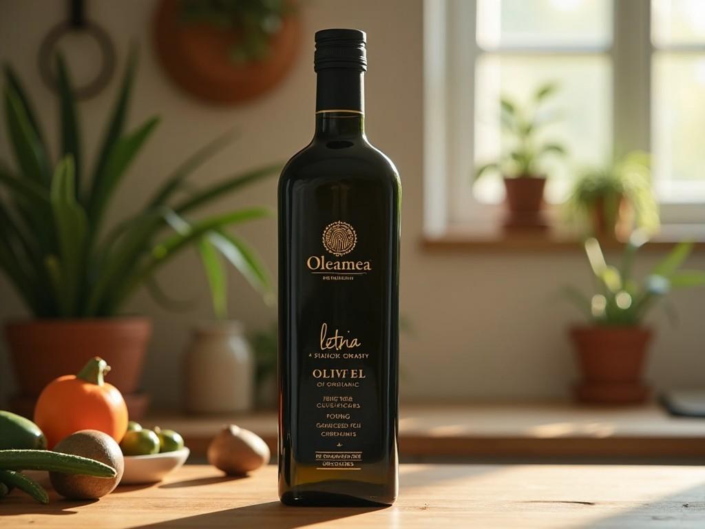 A lifestyle-focused product shot of a bottle of Oleamea extra virgin olive oil. The bottle features a sleek, black design with gold accents, showcasing the brand name and USDA Organic certification. It is presented against a softly lit kitchen background that includes natural wooden elements and green plants, adding a warm and inviting atmosphere. The lighting is gentle, highlighting the bottle's details and giving it an elegant feel. This setting emphasizes the quality and organic nature of the product.