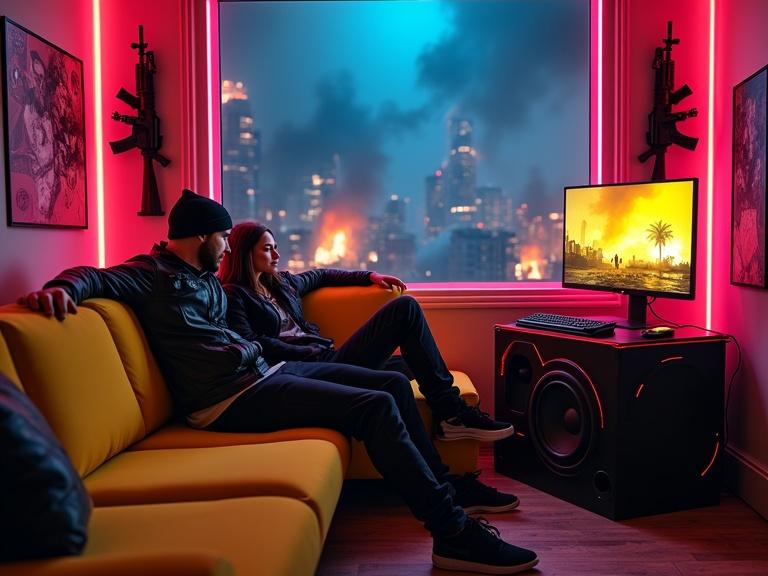 An attractive muscular man and a beautiful brunette woman wearing black beanies and leather jackets relax on a neon yellow couch in a futuristic gaming room. AK-47 rifles adorn the walls. A chaotic war scene is visible outside the window. The room features high-tech gadgets and RGB lights.