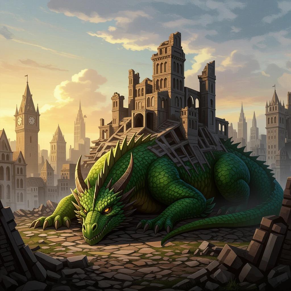 A dragon rests under a city. The dragon's back bears old buildings. The scene conveys a story of coexistence. A sunset casts warm light over the landscape. The dragon is green with scales. The city is in ruins as if forgotten. The perspective shows the dragon and city together.
