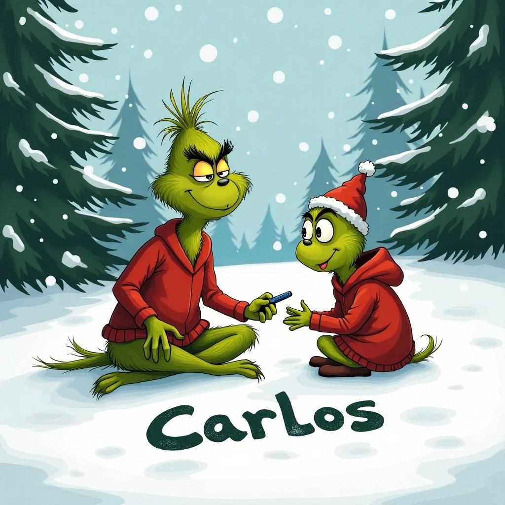 The Grinch sits with Max on snowy ground writing Carlos. Evergreen trees are in the background. Snowflakes are falling.