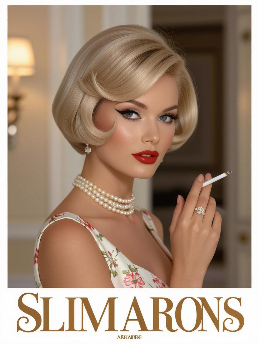 A portrait of a woman from the 1960s. She has a voluminous platinum blonde short hairstyle. A pearl necklace and diamond earrings adorn her neck. The woman is in a feminine pose holding a cigarette. Her makeup includes winged eyeliner and red lipstick. She wears a casual party dress and high heels. The background shows an elegant decorated house party. The image reflects mid-century sophistication with vibrant colors and clean lines.