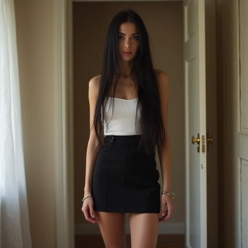 Model stands in a bedroom wearing a black mini skirt and white top. Long dark hair frames her face. Natural light highlights her features. Room has neutral tones.