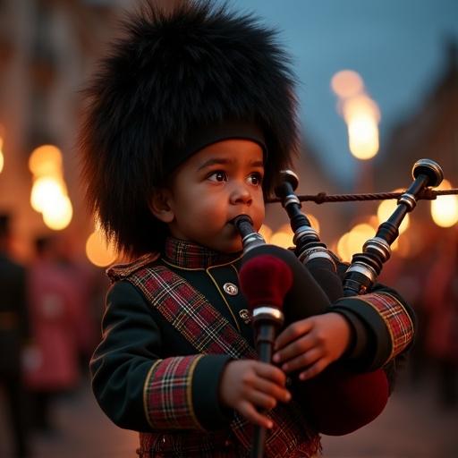 Detailed scene with a 1-year-old child playing bagpipes. Child wears a British military uniform with tartan fabric and a feathered hat. Serious expression while performing during a night parade. Background features a blurred crowd and flames.