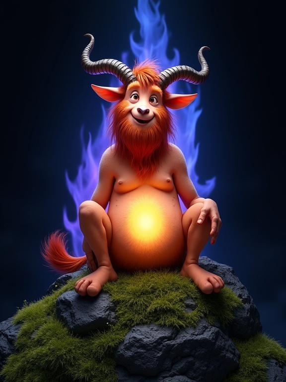 A jovial satyr-like creature with goat-like legs seated on a mossy mound. Light peach-toned body with a rounded belly. Reddish-brown fur on legs and dark hooves. Bright reddish-orange beard and hair. Pointed goat-like ears and small dark horns. Wears a simple light brown loincloth. The mound consists of dark gray rocks with vibrant green moss. Background is black with blue and purple flames behind the creature.