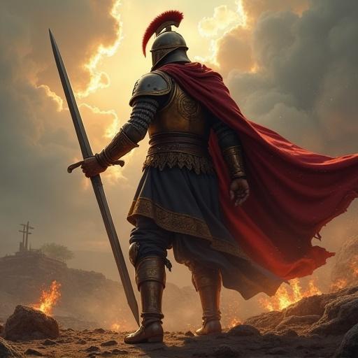 A hyperrealistic depiction of a warrior holding a sword in a dramatic stance. The warrior is in armor and has a flowing red cape. The background features a dramatic sky with clouds and hints of fire.