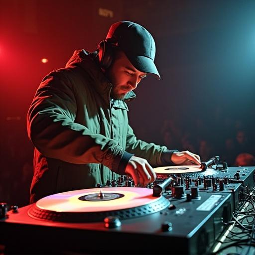 DJ performing energetic music on turntables. Showcasing advanced turntable skills and speed. Dynamic atmosphere with colorful stage lighting. Event captured during DJ competition. Focus on DJ and equipment in action.