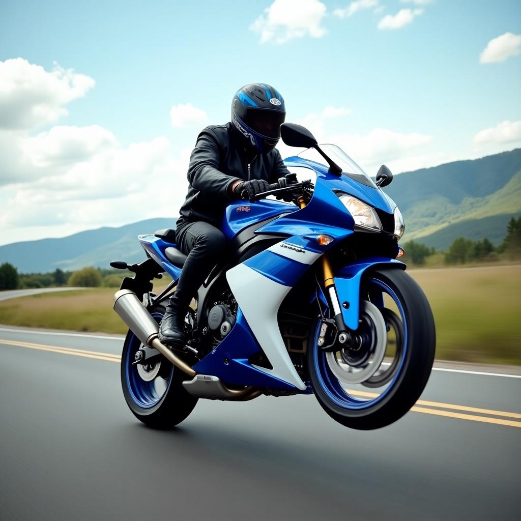 Motorcycle in blue and white doing a wheelie on a sunny road surrounded by hills and greenery.