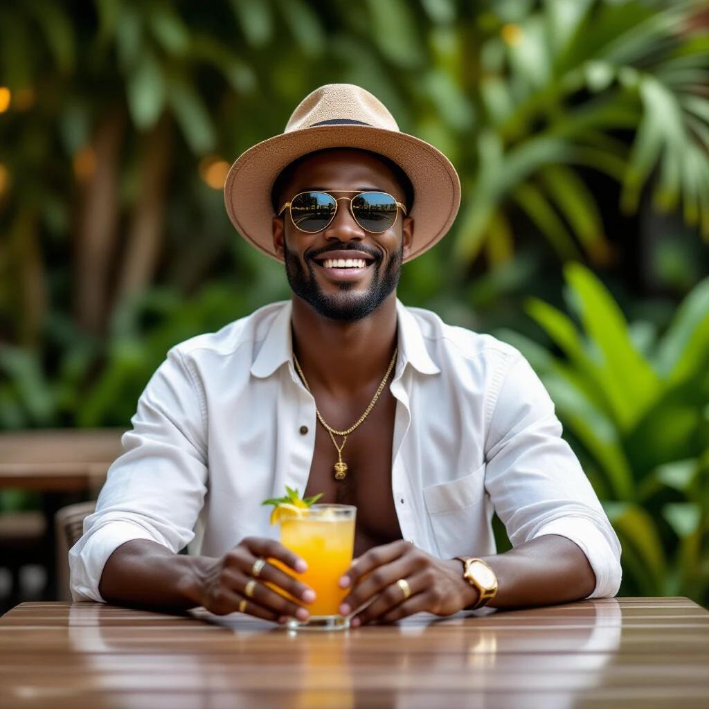A Black male model sitting in a garden enjoying a drink. He wears sunglasses and a hat, with greenery around. He has a smile on his face and is stylishly dressed.