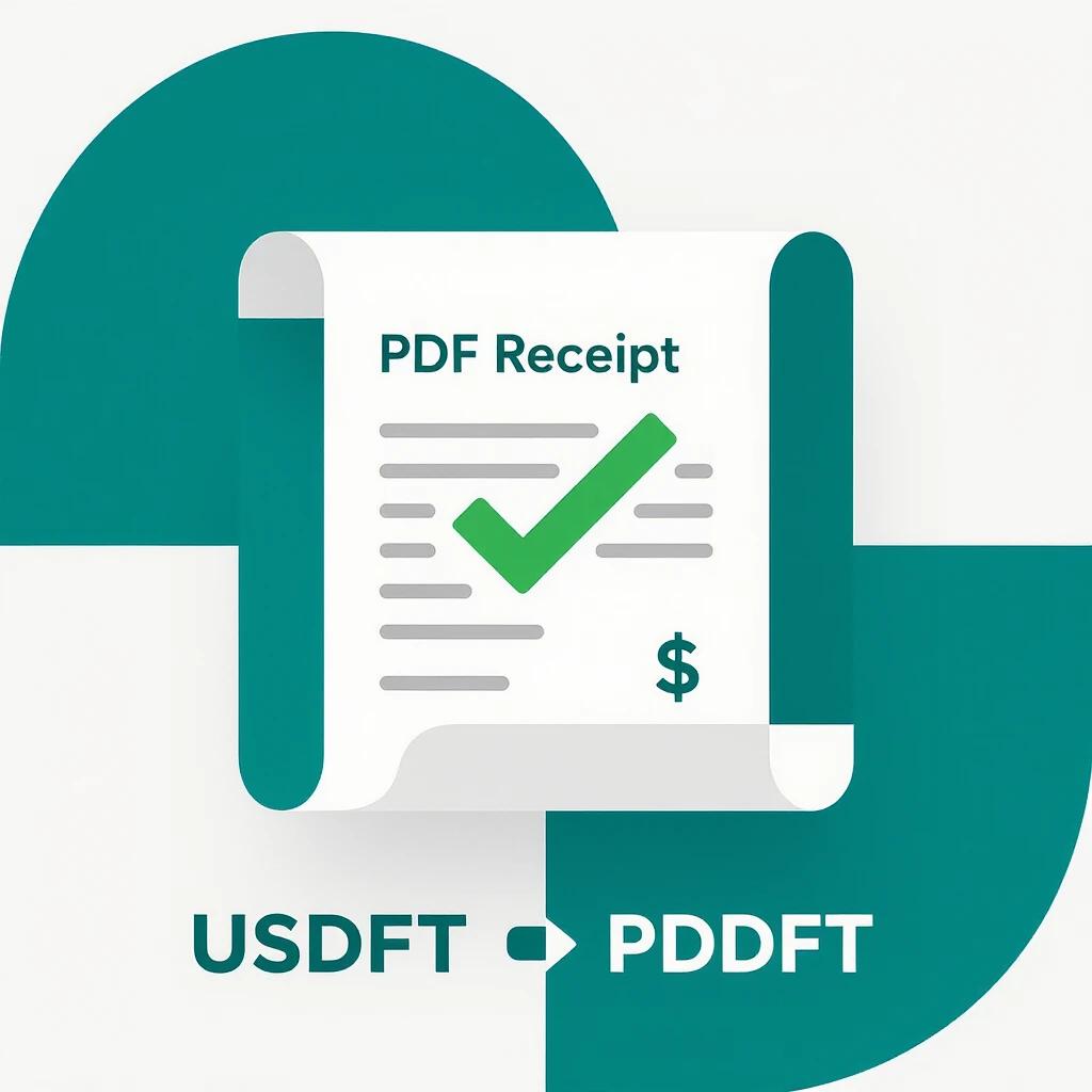 Minimal logo that showcases PDF receipt verification service. Document icon in dark teal features green checkmark. USDT symbol located in the bottom right corner. Use clean and geometric shapes to create a serious style with bright and dark color contrast.