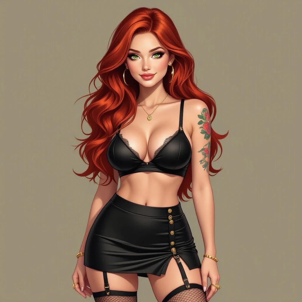 Stylish young woman with long red hair and pale skin. Petite, curvy build with bright eyes. Smiling confidently in a revealing outfit. Mini skirt and crop top styled. Fishnet details and subtle tattoos. Inviting posture with a magnetic aura.