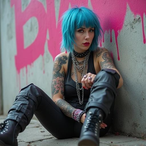 Punk woman with blue hair and tattoos. Wearing chains around neck. Sitting against wall with pink graffiti. Military-style boots. Detailed skin textures. Soft lighting enhances colors.