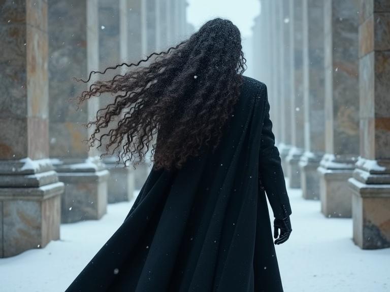 A person walks through snowy marble ruins wearing a long black coat and cape. Hair flows in the wind, capturing a winter atmosphere reminiscent of Pushkin's imagery.