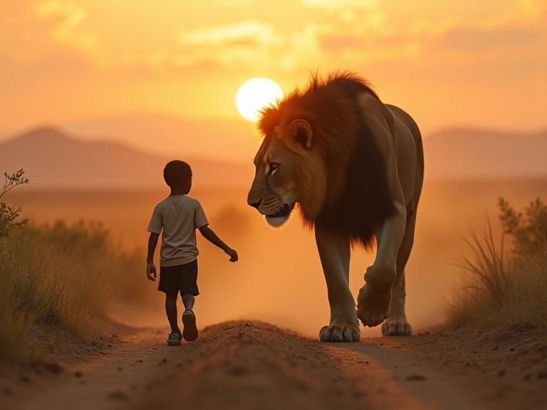 Emotional scene of a boy abandoned on a dusty road in the African savannah. The boy, Tunde, is crying. A lion, Kijani, approaches him near sunset. The sunlight casts a warm glow. An intense moment of connection between the boy and the lion.